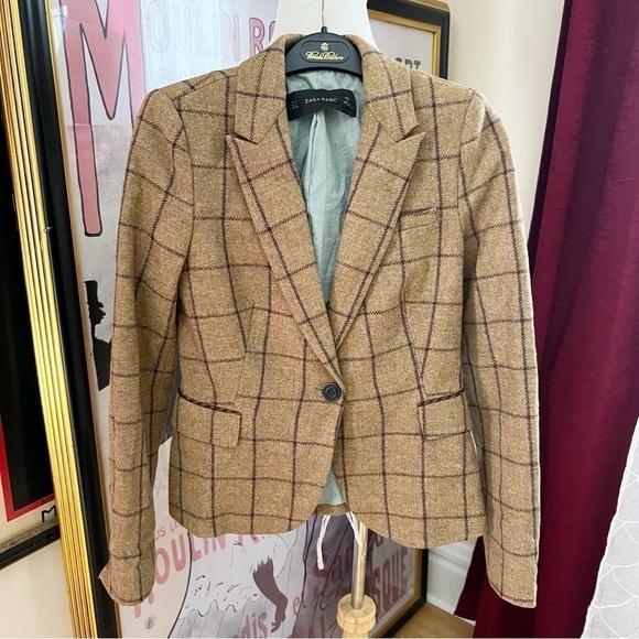Zara Jackets & Blazers - ZARA:Brown Merlot Navy Checkered Elbow Patch Blazer Sz Small